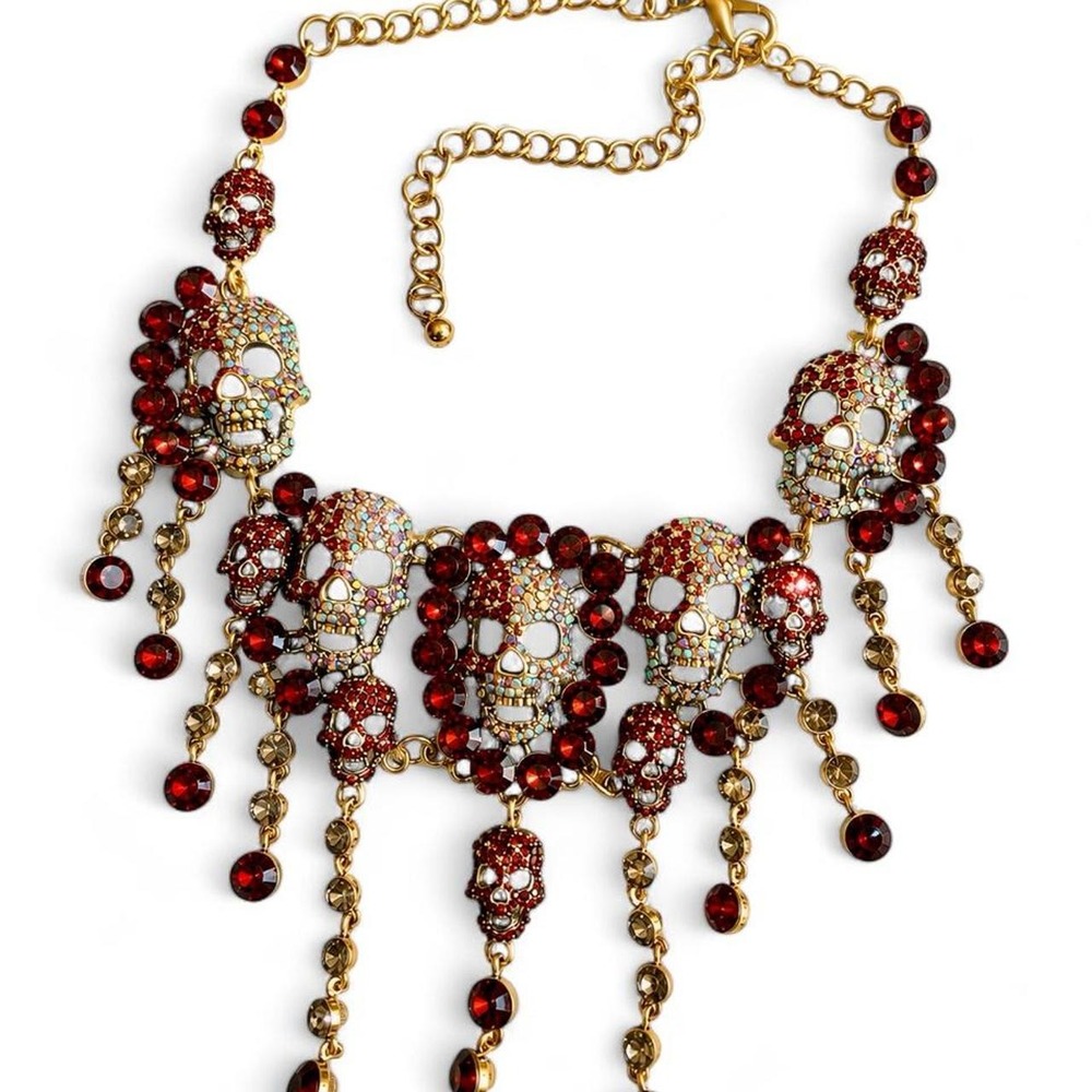 Natasha Skull Statement Necklace OS Red Rhinestone Whimsigoth Romantic Goth Bib